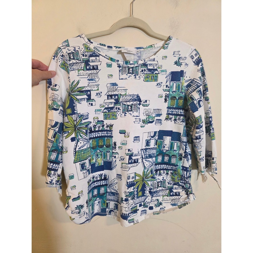Hot Cotton Petite Village Print Top 3/4 Sleeve Cotton White Blue Green Small
